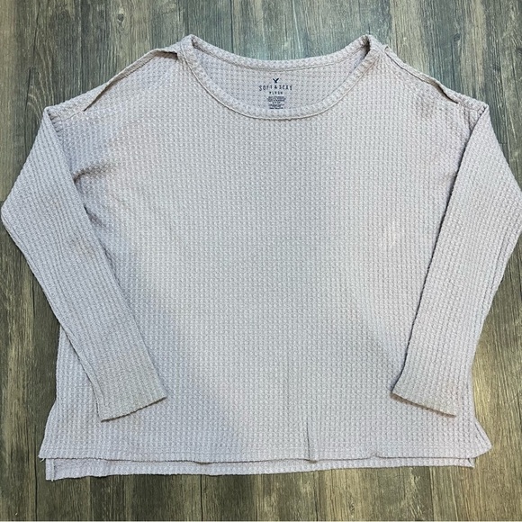 American Eagle Long Sleeve Soft Plush Waffle Pattern Open Shoulder T-Shirt Top S - Picture 5 of 10